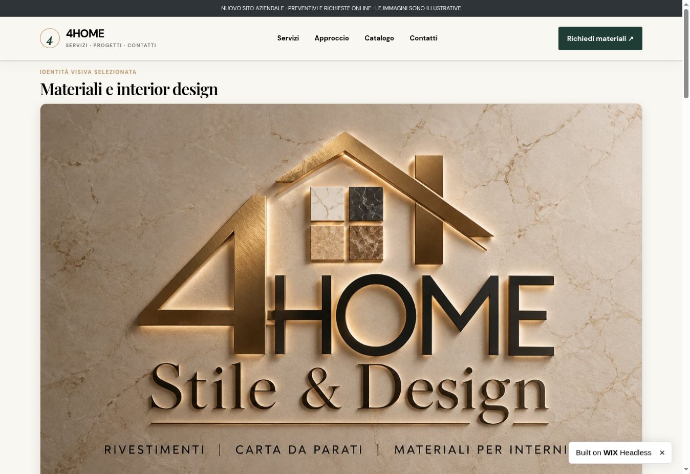 Homepage 4HOME Stile & Design con identità visiva su marmo e oro