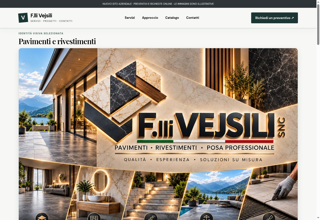 Homepage F.lli Vejsili con grafica illustrativa del marchio e delle superfici