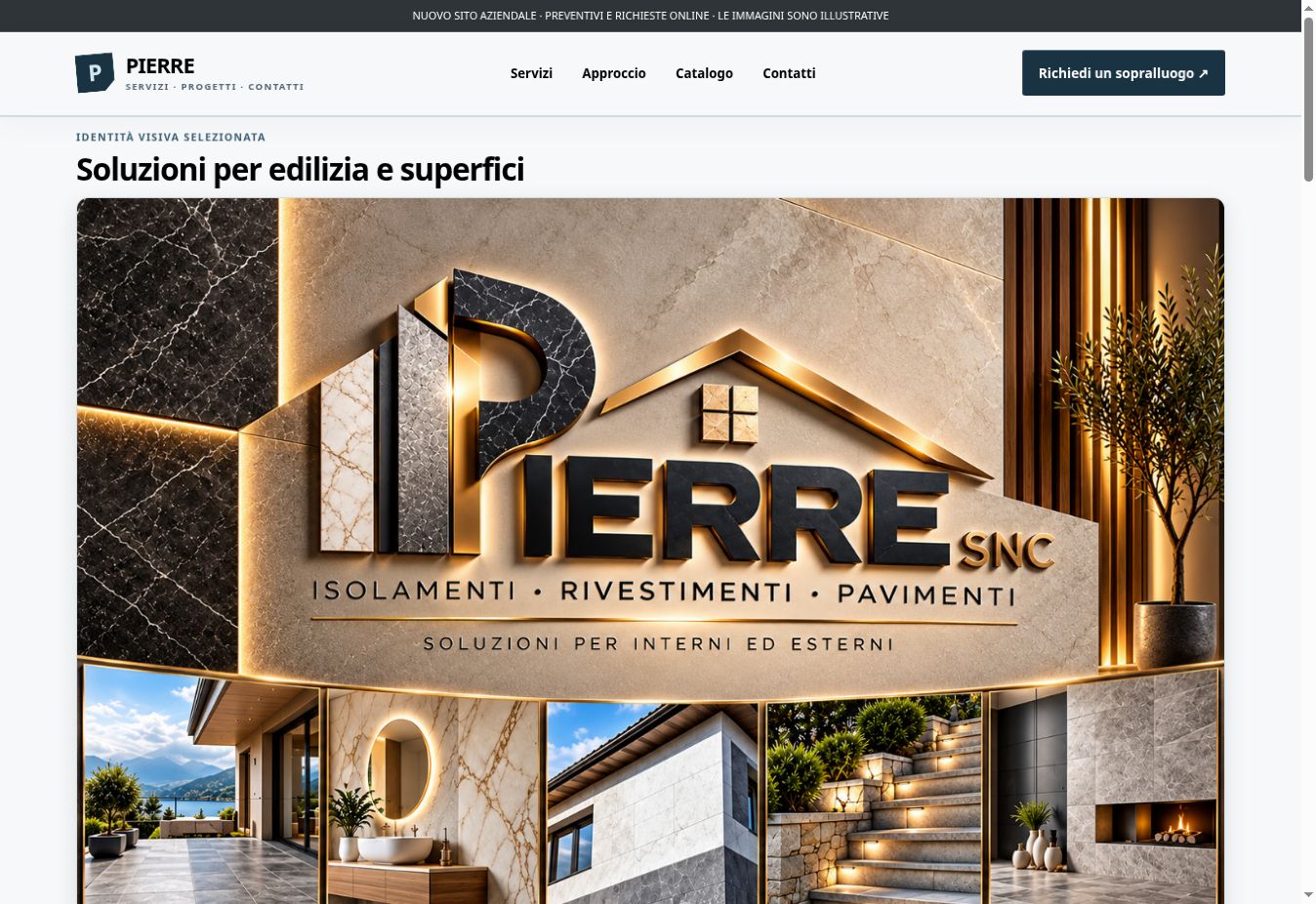 Homepage Pierre SNC con identità grafica e ambientazioni illustrative